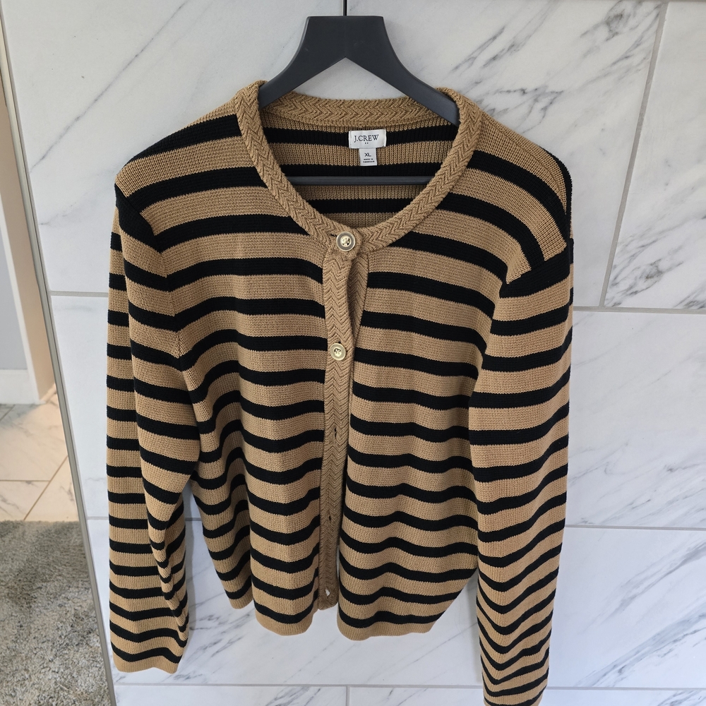 J. Crew Women's Black and Tan Striped Cardigan